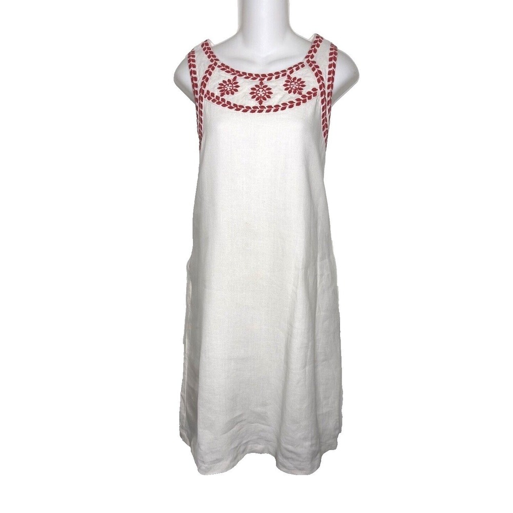 J. McLaughlin White Linen Embroidered Shift Dress Red  M Resort Preppy Hamptons - Picture 2 of 6